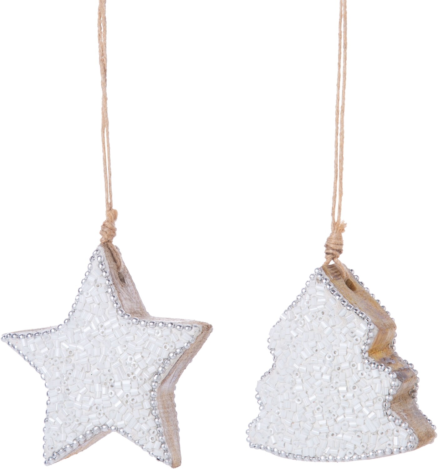 2 Asst&#39;d chunky glitter on wood star/tree ornaments, bead trim 2-sided, white 2 in  24      