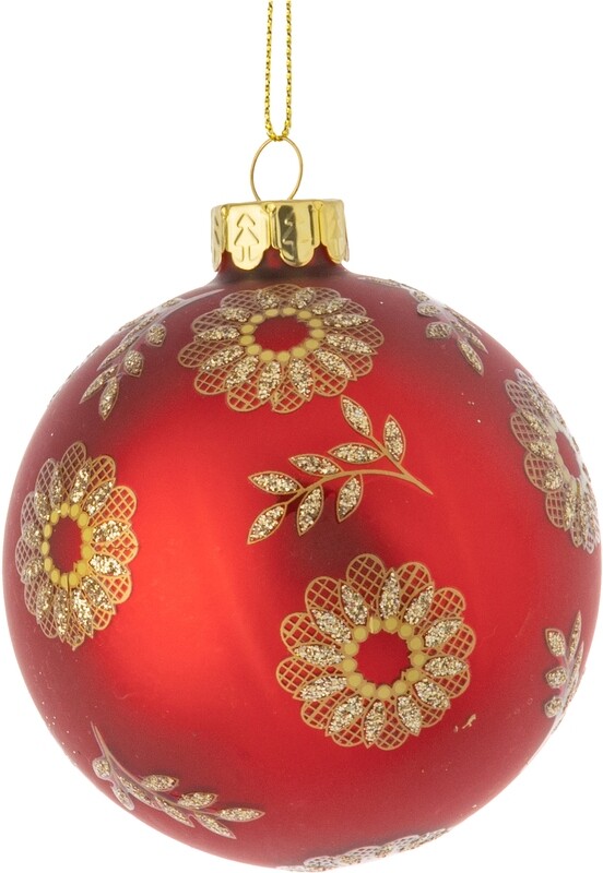 Matte red glass ball with glittered gold lacy flowers orn 3 in  12            
