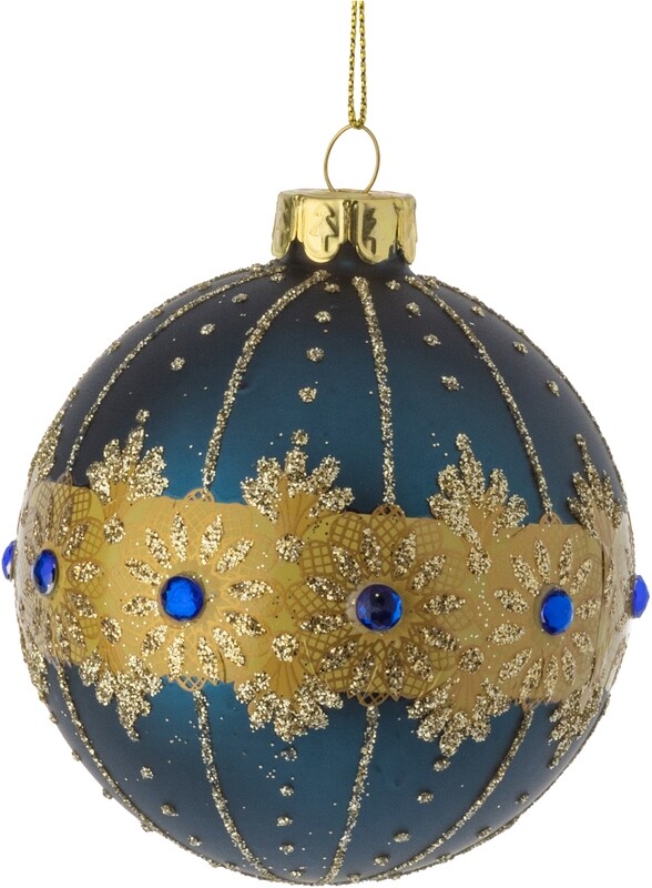 Matte dk blue glass ball with gold motif, glitter and blue cabochons orn 3 in  12            