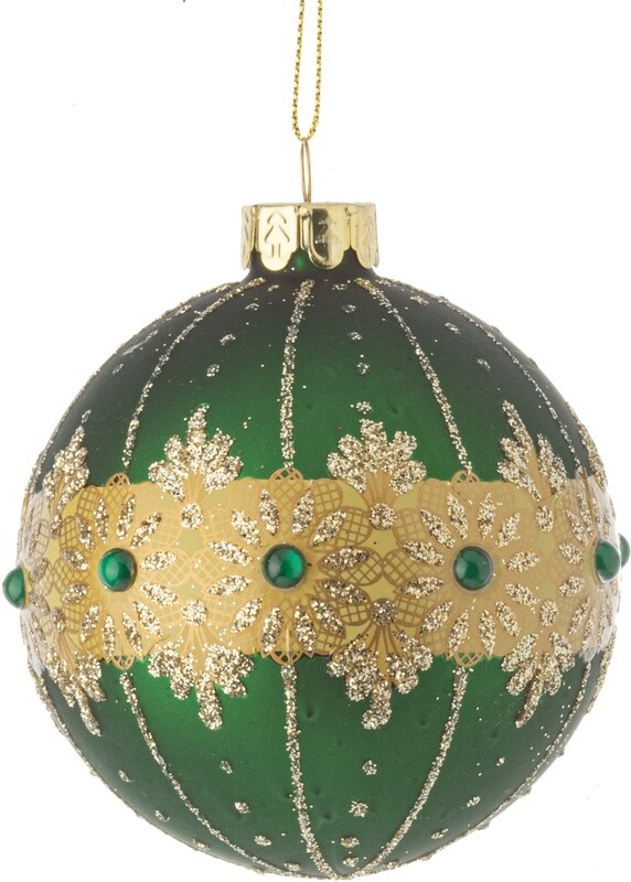 Matte green glass ball with gold motif, glitter and green cabochons orn 3 in  12            