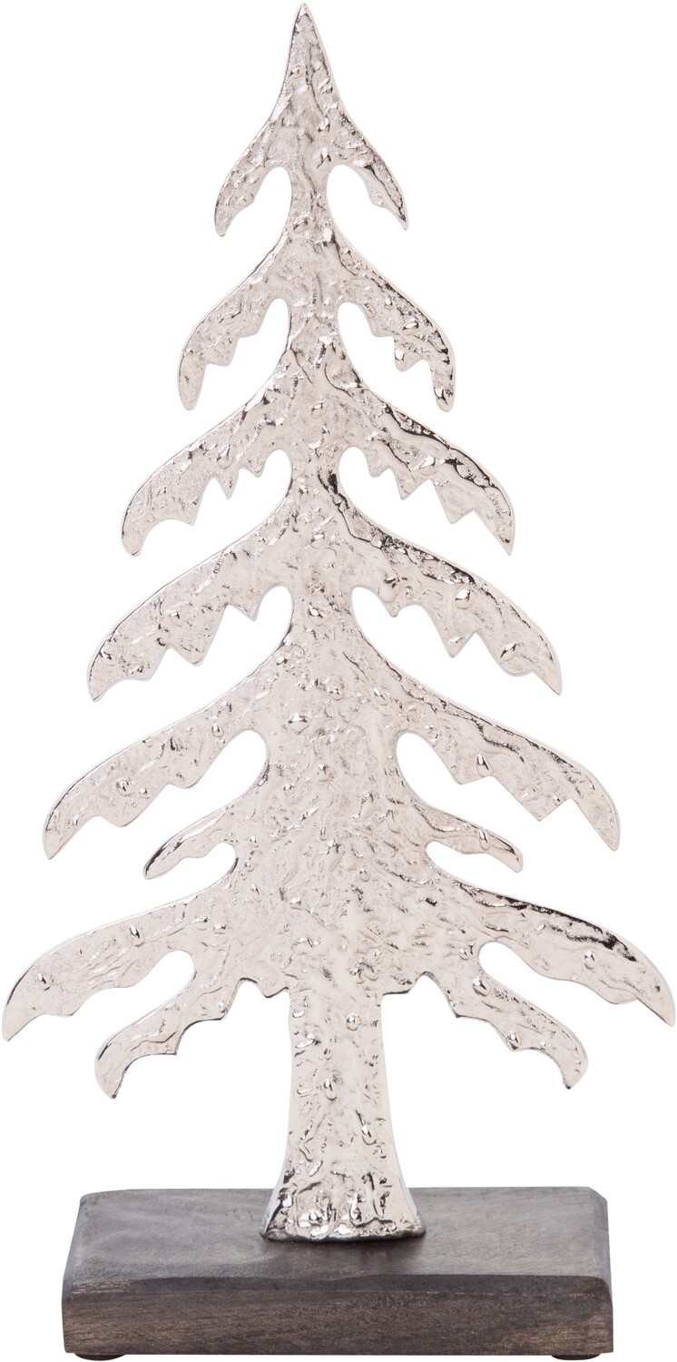 Cast metal faux cypress table piece, shiny silver on stained solid wood base 10 in  4 -Z08 -25NP -S04/25