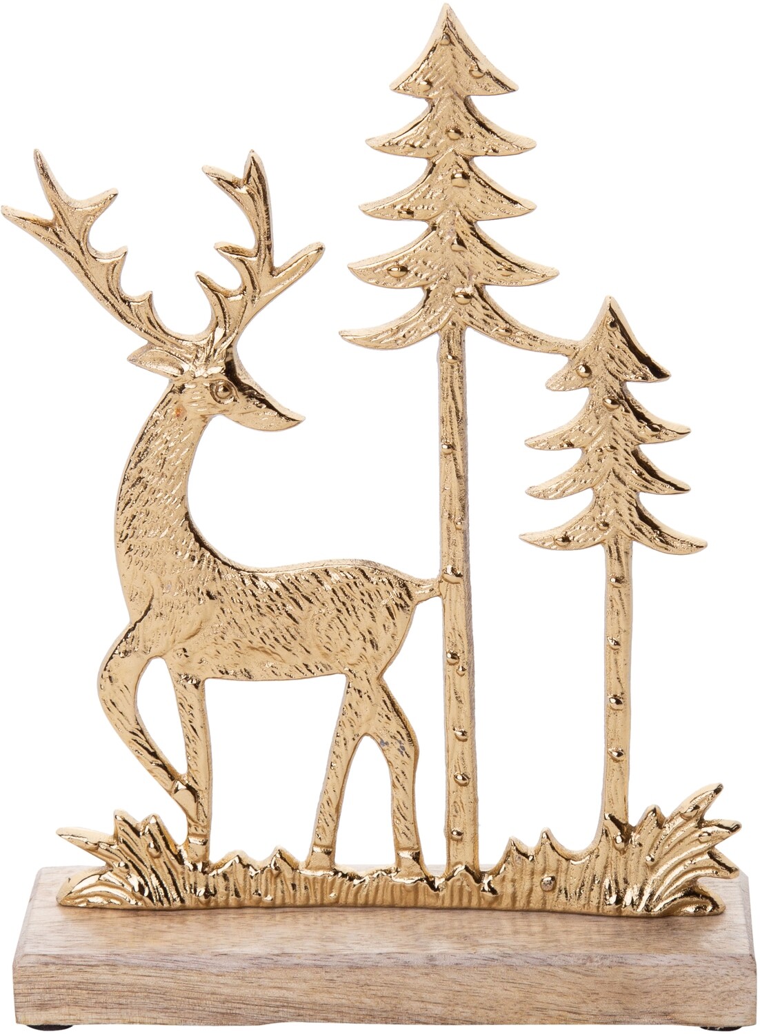 Cast metal deer and tree scene table piece, shiny gold finish on solid wood base 9 in  4            