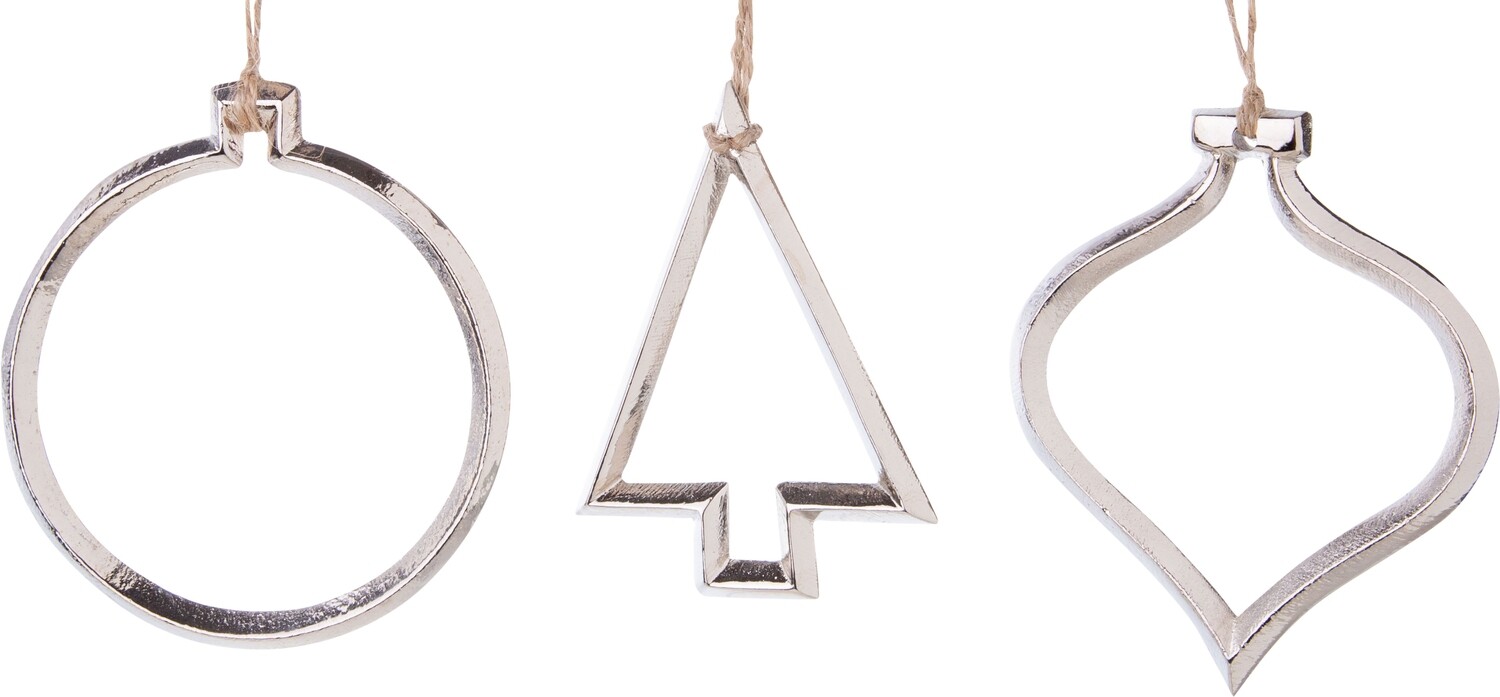 3 Asst&#39;d cast metal silhouette ornaments, shiny 4 in  24            