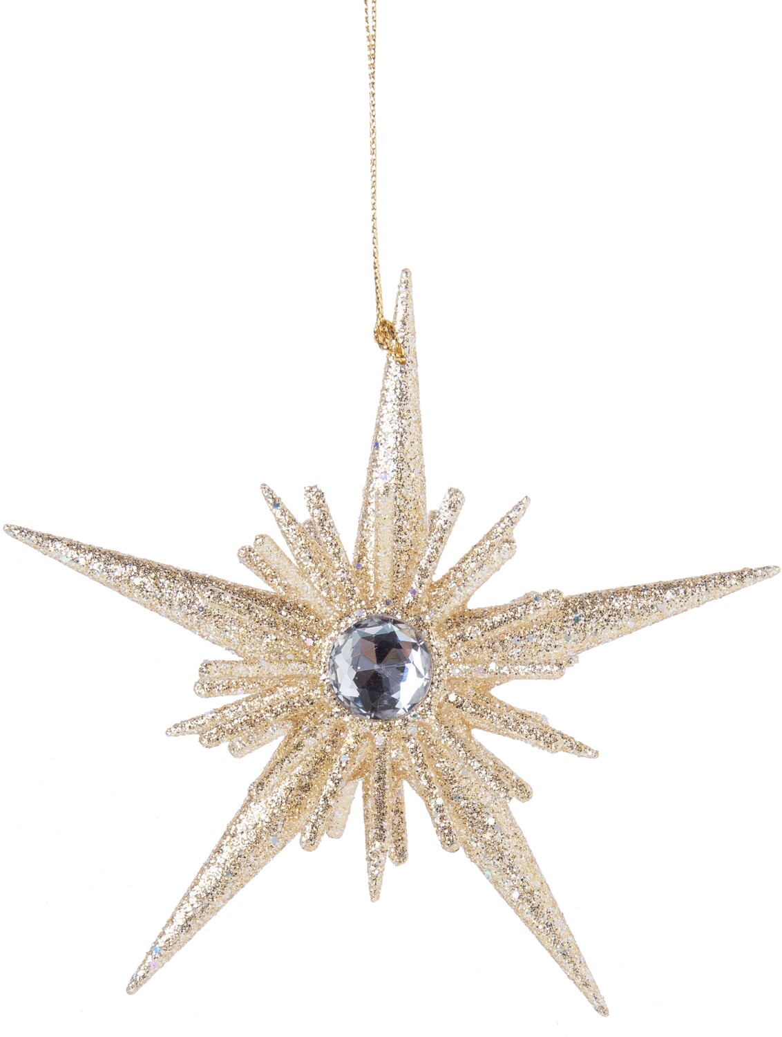 Champagne gold glittered acrylic star ornament 2-layer with clear jewel center 4.75 in  12            