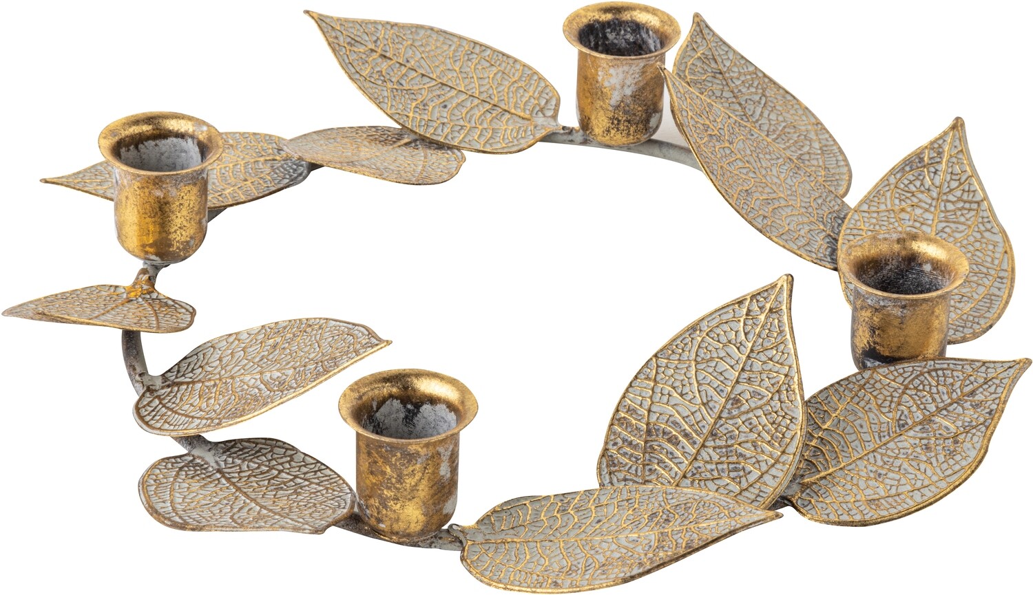 Verdigris/Gold metal leaves candle ring and taper holders, 10 in  4