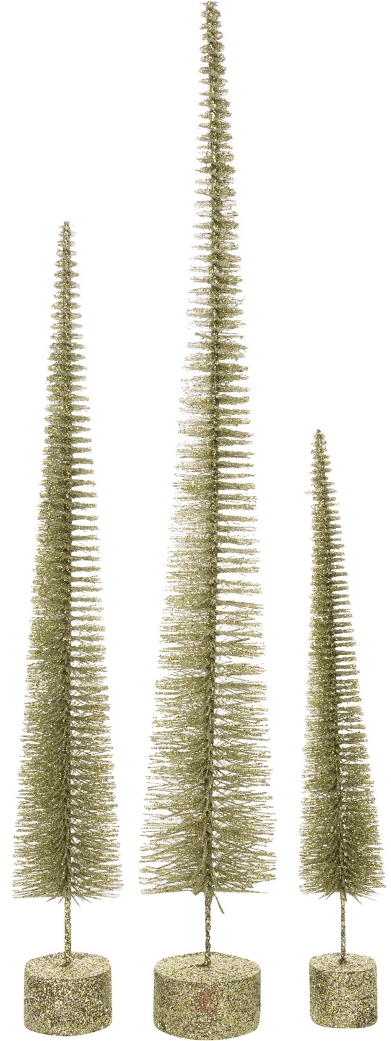 Set of 3 green bristle trees on glittered wood base tabletop 19.75+15.75+11.75 in  4            