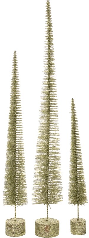 Set of 3 green bristle trees on glittered wood base tabletop 19.75+15.75+11.75 in  4            