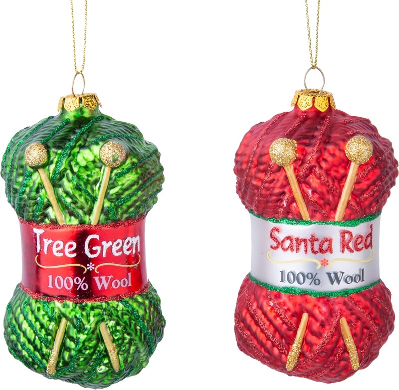 2 Asst&#39;d blown glass knitting yarn ornaments, 4.25 in  6      