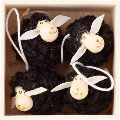 Boxed set of 4 wooly black sheep, natural wood faces orns, 3 in  6      