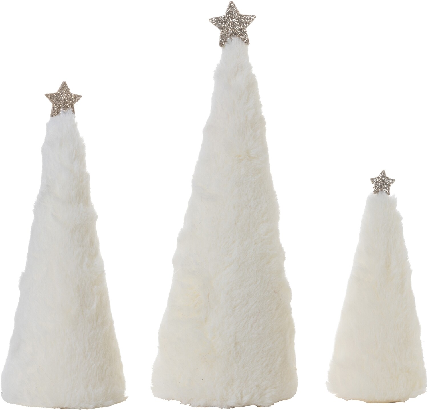 Set of 3 off-white plush table top trees, champagne gold star top 6.5+9+11.6 in  3            