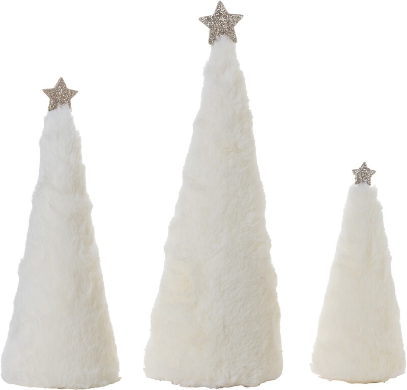 Set of 3 off-white plush table top trees, champagne gold star top 6.5+9+11.6 in  3            