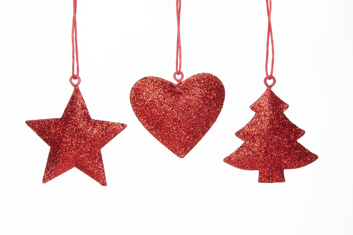 3 Asst'd glitter metal star, tree, heart ornament, dark red 2.25 in  24            