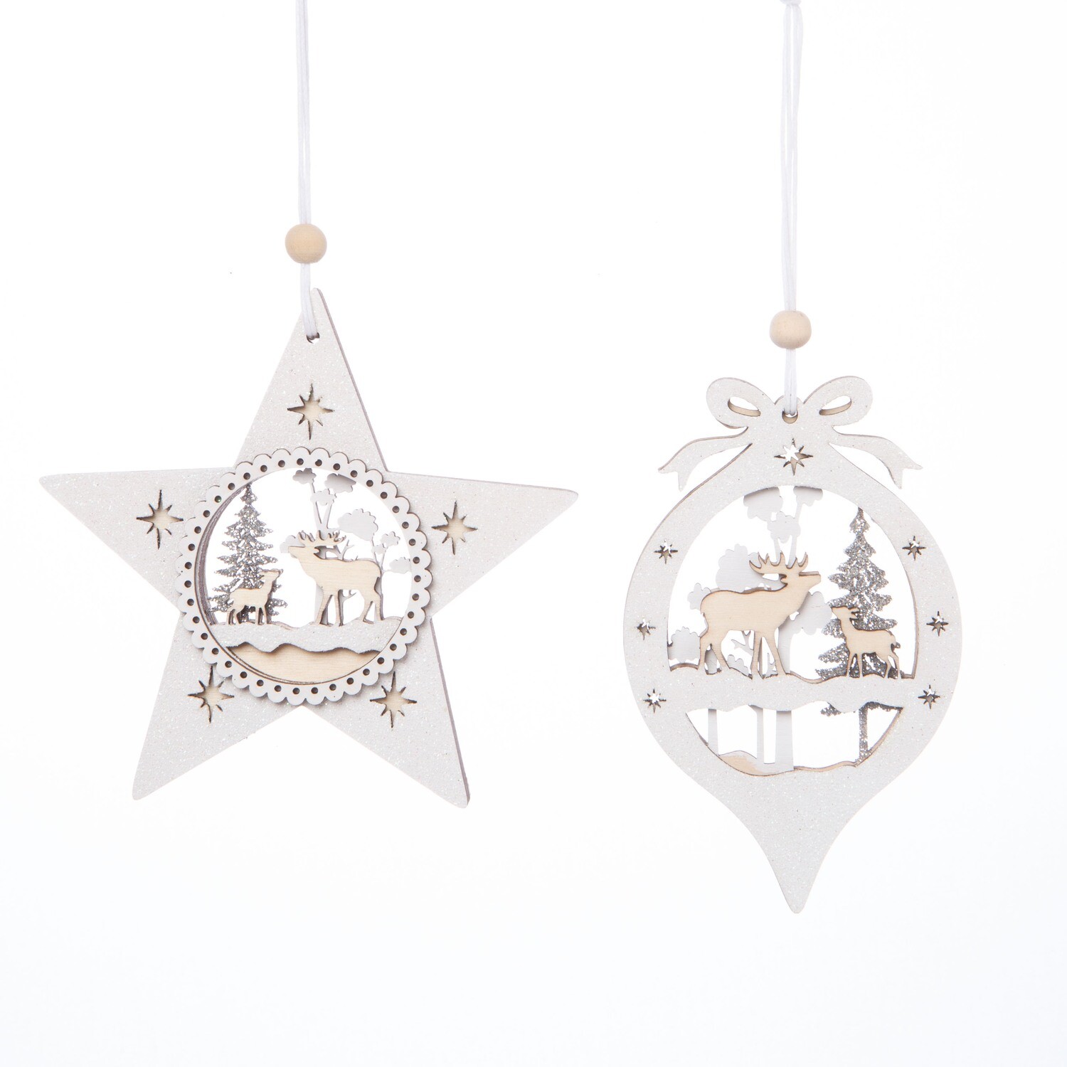 2 Asst&#39;d wooden shapes with forest scene inset ornaments, white and silver glitter 4.75 in  12            