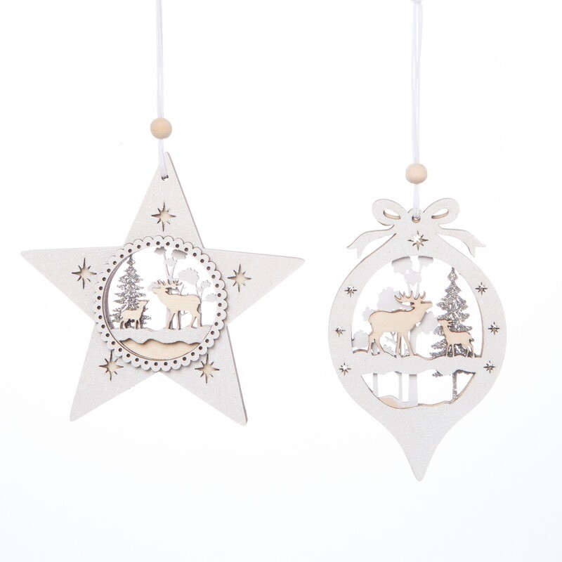2 Asst&#39;d wooden shapes with forest scene inset ornaments, white and silver glitter 4.75 in  12            