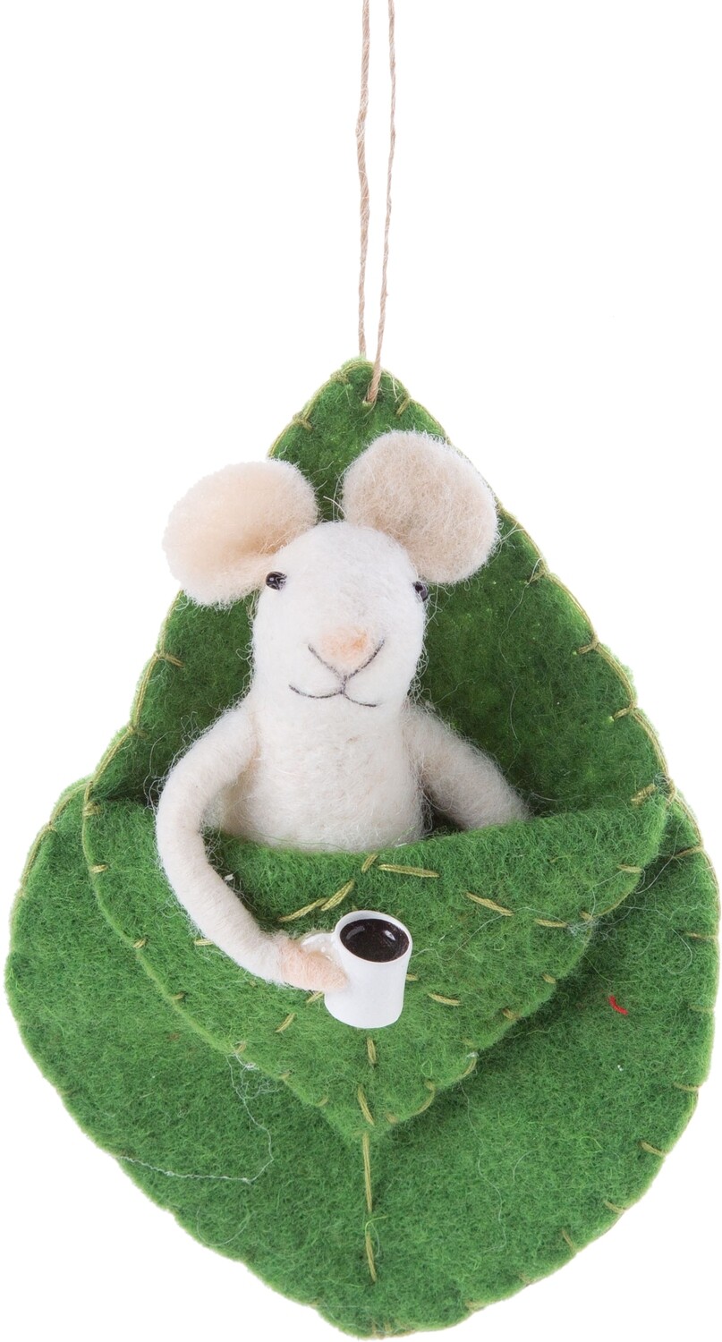 Felt mouse in leaf sleeping bag, cup of java orn, 5.5 in  6 -Z08