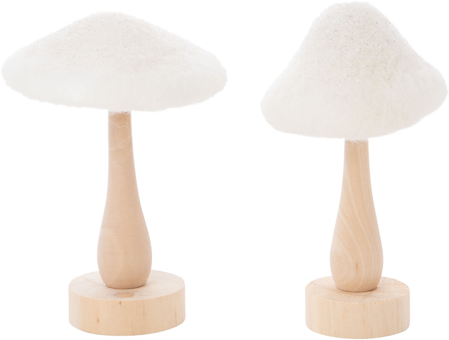 Set of 2 wood mushroom table pieces, white felt tops with light glitter accents, 5.1 in  6            