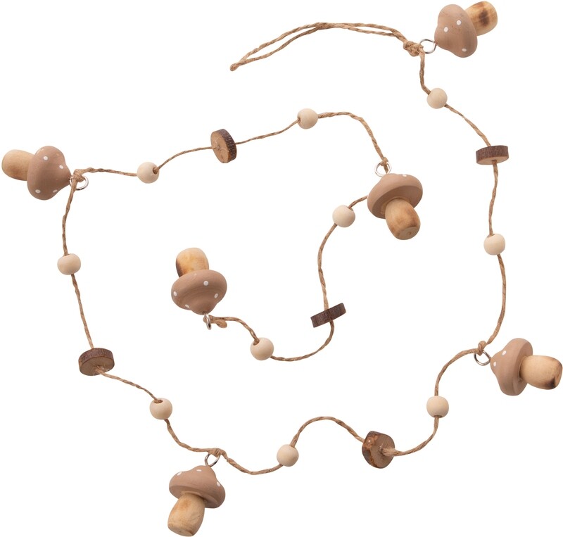 Garland with wood mushrooms, tan painted tops &amp; beads 39 in  6      