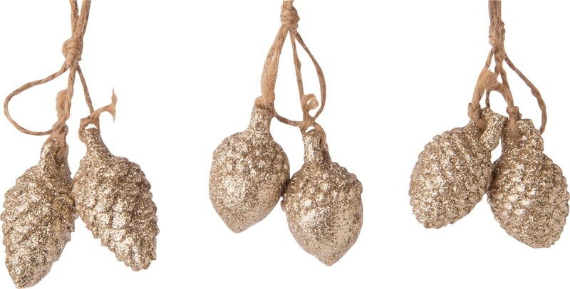 3 Asst'd pairs of pinecones/acorns, gold glitter painted resin on jute cord orns, 6.1 in  24            