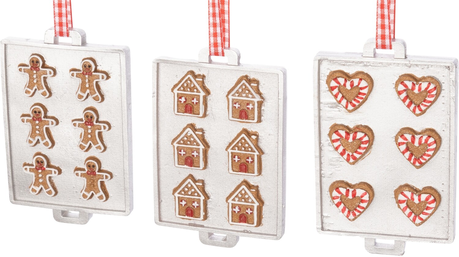 3 Asst&#39;d white trays with gingerbread cookies on red gingham cord, resin orns  12      