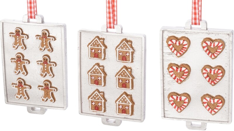 3 Asst&#39;d white trays with gingerbread cookies on red gingham cord, resin orns  12      