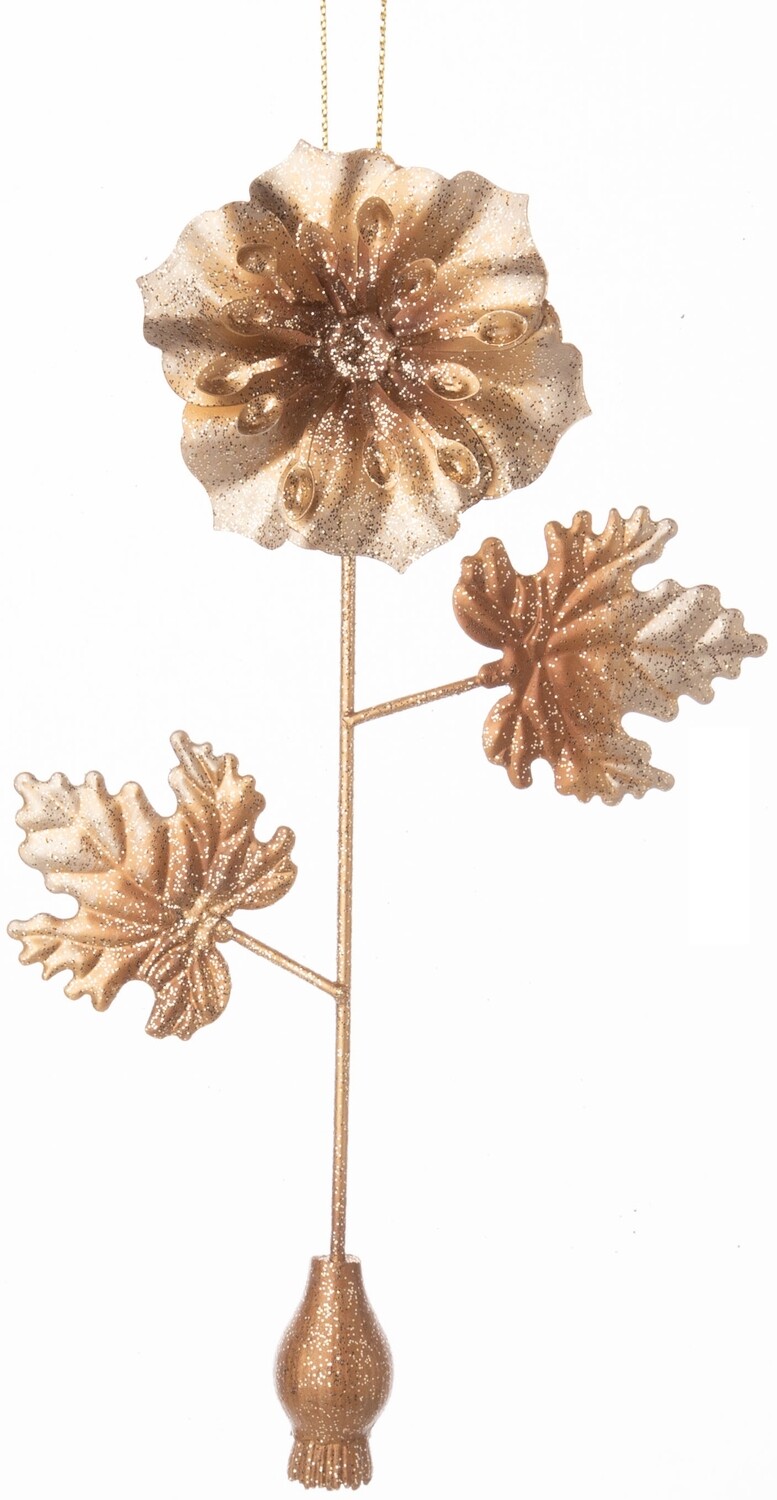 Beige/gold hollyhock with leaves, glittered on metal stem orn  6            