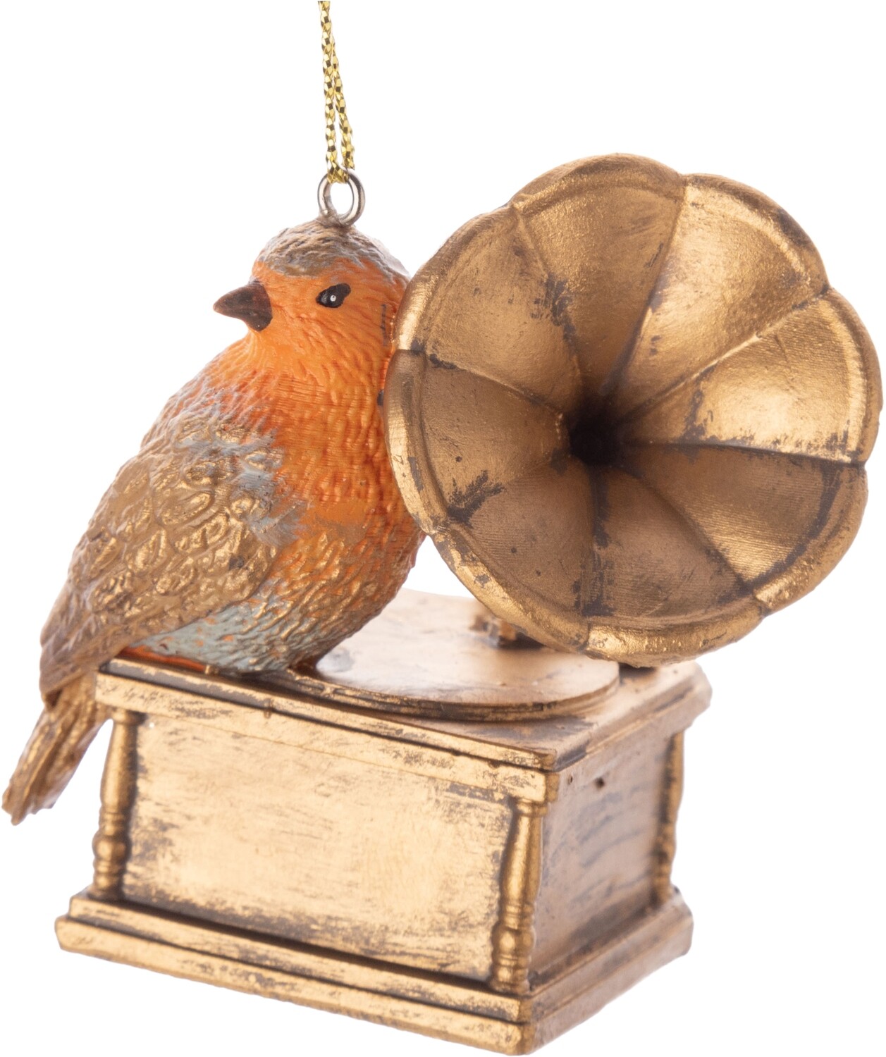 Bird on gold gramophone, painted resin orn  6            