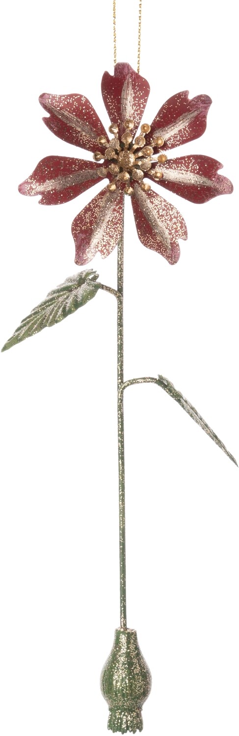 Dk pink clematis with green leaves, glittered on metal stem orn  6            