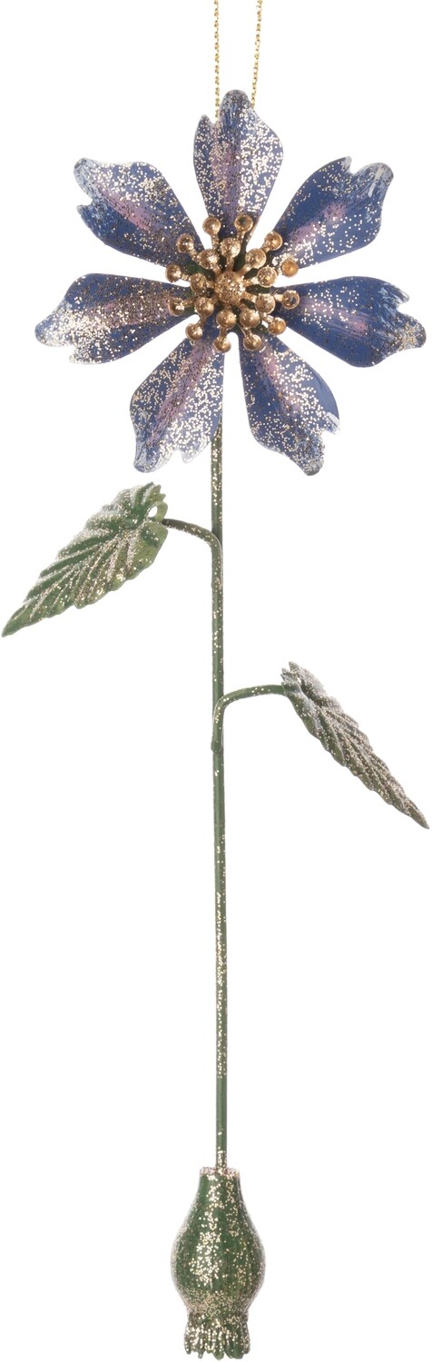 Purple clematis with green leaves, glittered on metal stem orn  6            