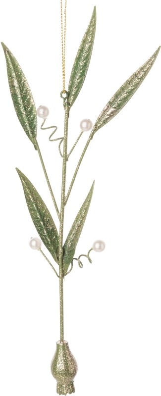 Branch with green leaves, pearl berries metal orn  6            
