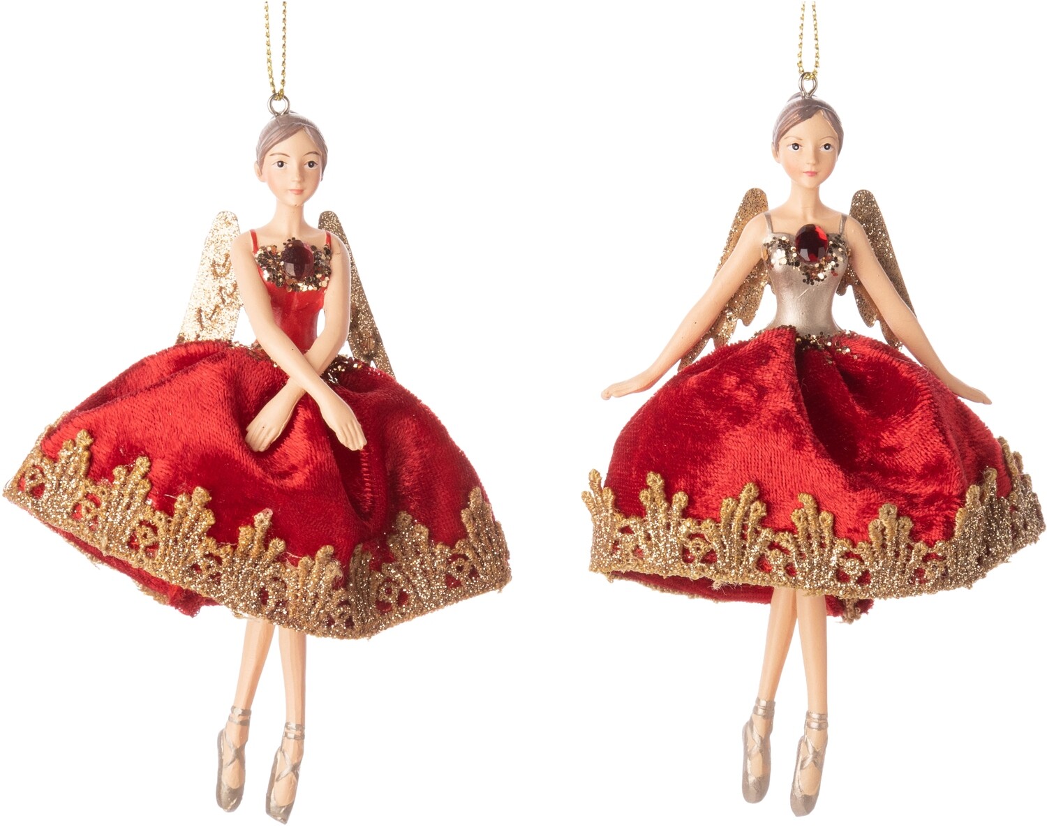 2 Asst&#39;d ballerina angels with wings, red/gold dresses, red cabochon orns 6   