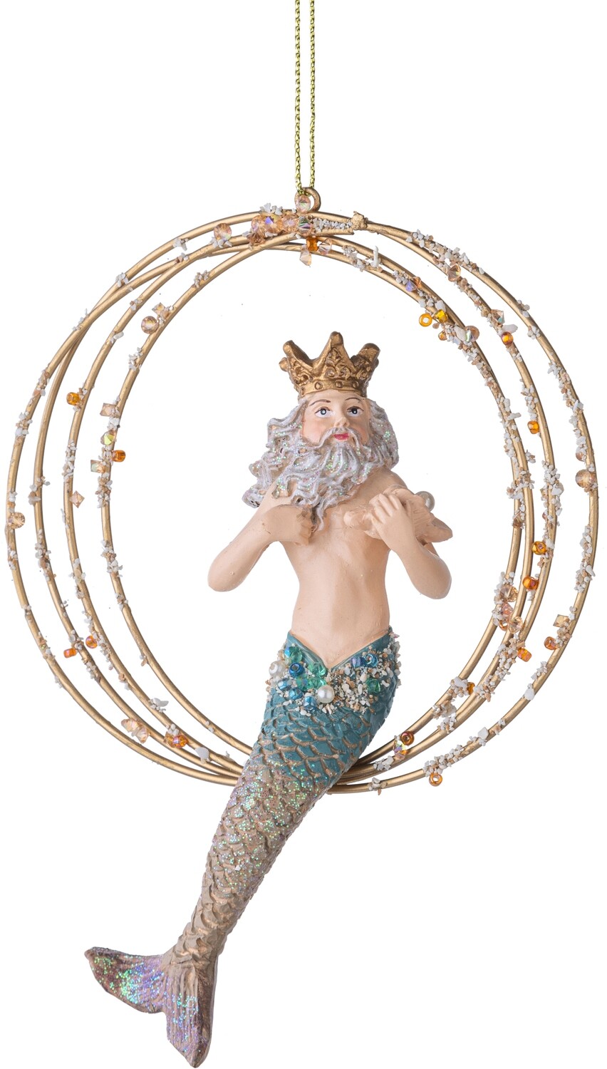Neptune sitting in beaded gold hoops, resin/wire orn 5.5 in  6            