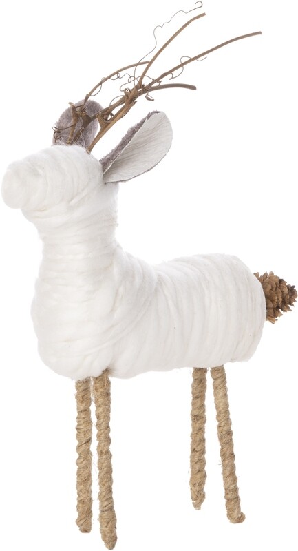 White standing deer with twig antlers, wool fur, pine cone accents tabletop 8.75 in  6            