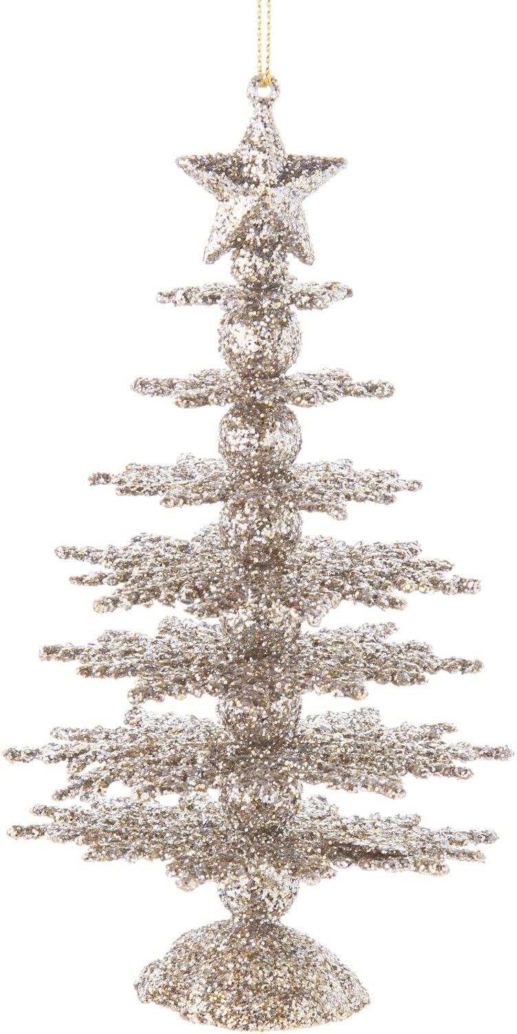 Tiered champagne glitter snowflake tree with star top, ornament on table top 5 in  12            