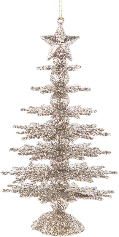 Tiered champagne glitter snowflake tree with star top, ornament on table top 5 in  12            
