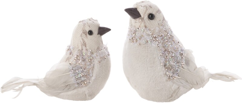 Set of 2 cream birds, plush, lace, beads, feathers tabletop 6.25+5.5 in  6            