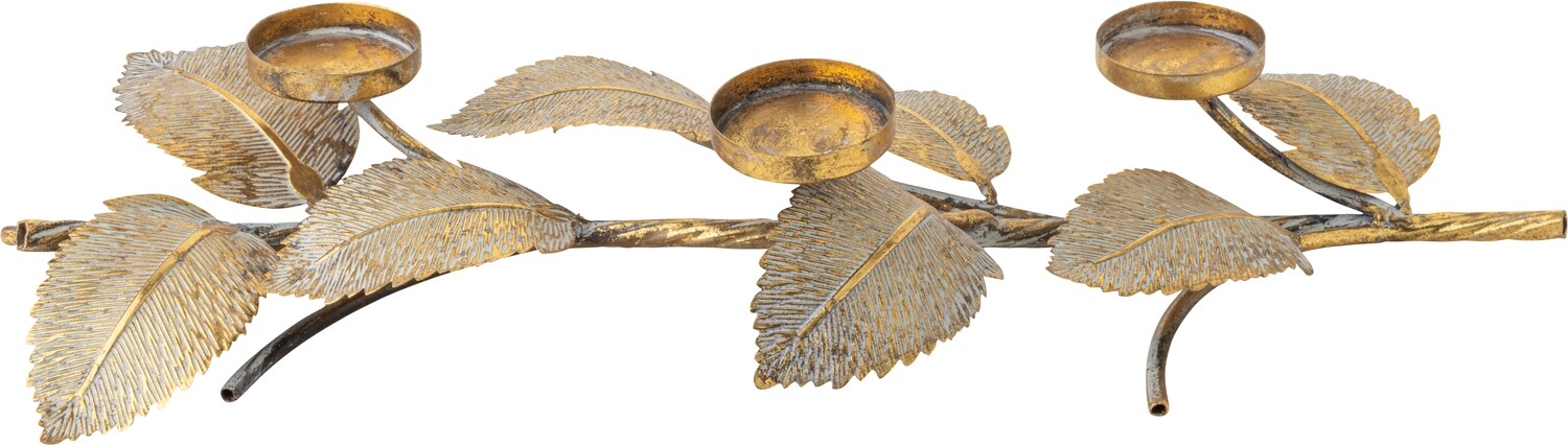 Branch with leaves and 3 tea light holders, gold painted metal tabletop 20.1 in  2      