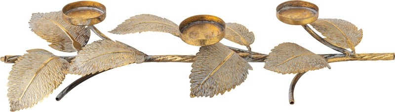 Branch with leaves and 3 tea light holders, gold painted metal tabletop 20.1 in  2      