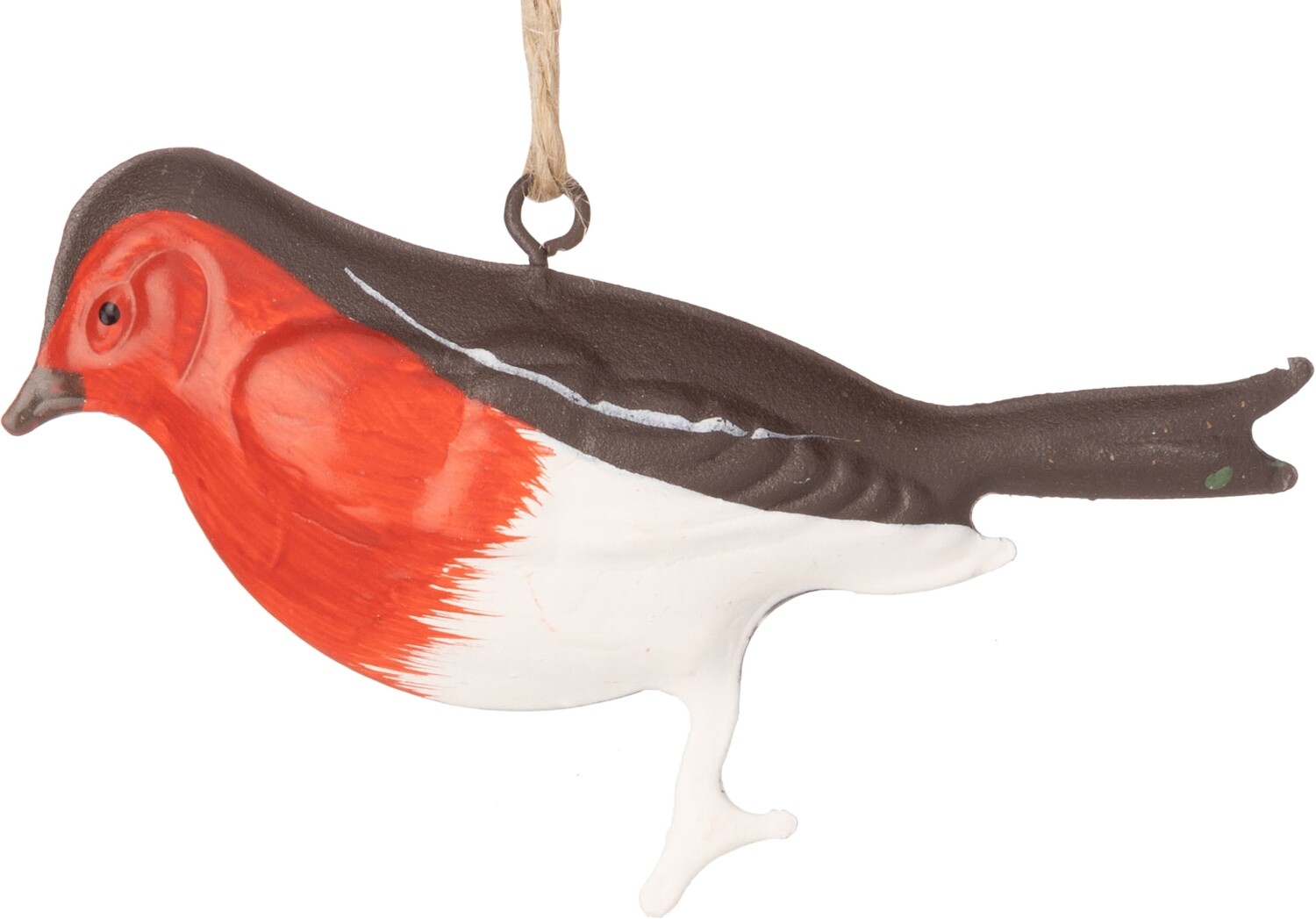 Painted metal bird, red head &amp; breast on jute cord orn 6 in  12            