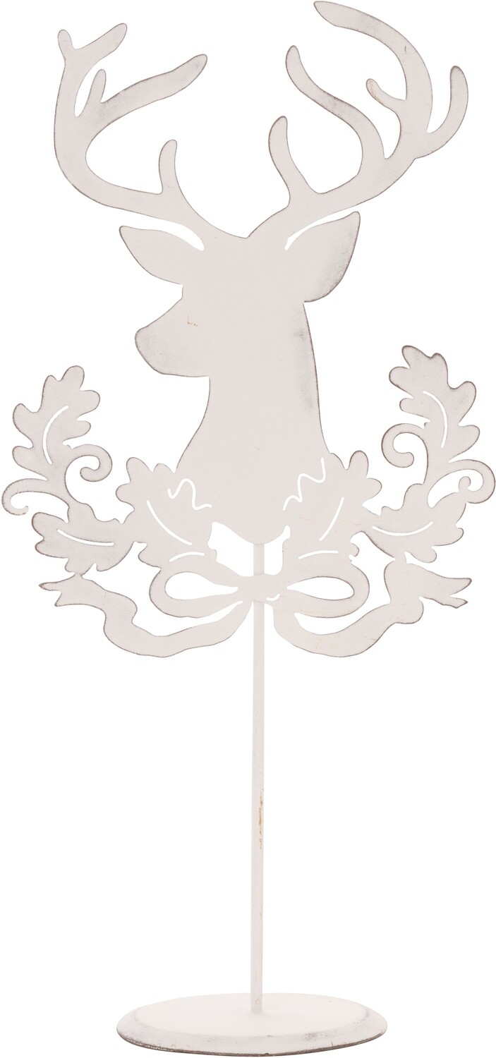 Rustic white painted metal stag with leaves &amp; ribbon on stand 13.75 in  2            