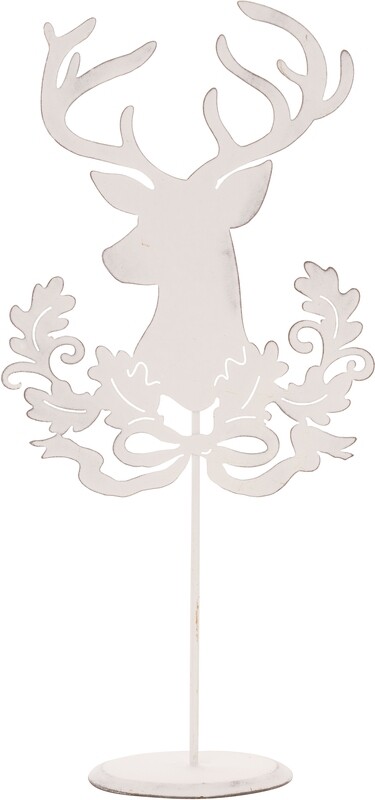 Rustic white painted metal stag with leaves &amp; ribbon on stand 13.75 in  2            