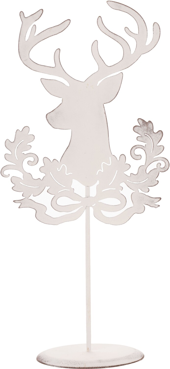 Rustic white painted metal stag with leaves &amp; ribbon on stand 10.75 in  4            