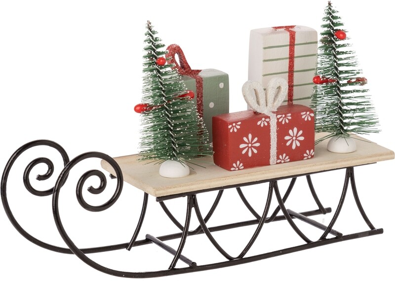 Red/green/white holiday decorations on wood sleigh with black metal runners, painted wood, table top 5.5 in  2            
