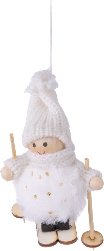 Child on wood skis with white knit outfit and faux fur body with gold glitter, 3 in  12      