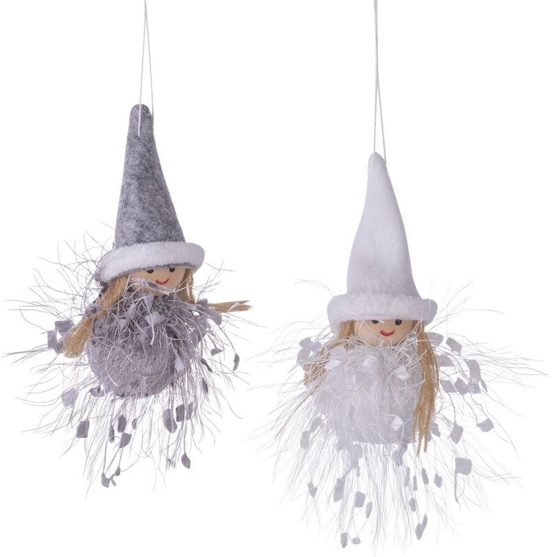 2 Asst&#39;d girl orns with felt hat and coat in grey and white with feathery detail 4 in  24 -Z08 -25NP -S04/25