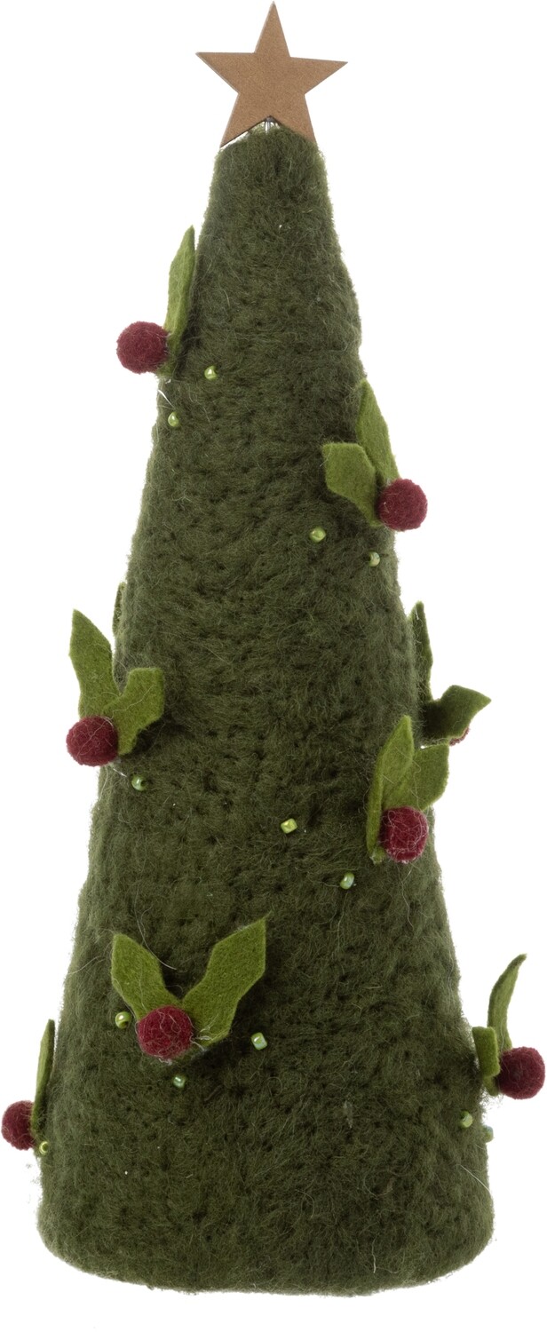 Dk green cone tree with holly &amp; wood star, felt/wood tabletop 9.75 in  4            