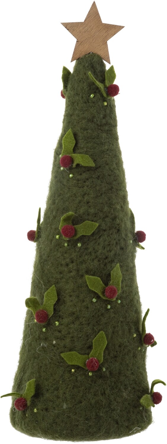 Dk green cone tree with holly &amp; wood star, felt/wood tabletop 13.75 in  4   