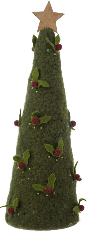 Dk green cone tree with holly &amp; wood star, felt/wood tabletop 13.75 in  4   