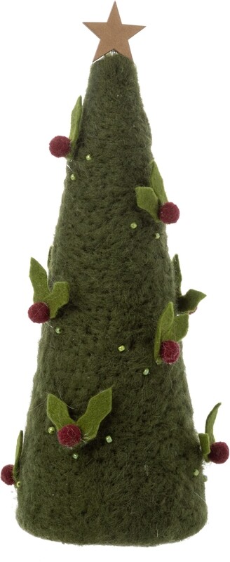 Dk green cone tree with holly &amp; wood star, felt/wood tabletop 9.75 in  4            