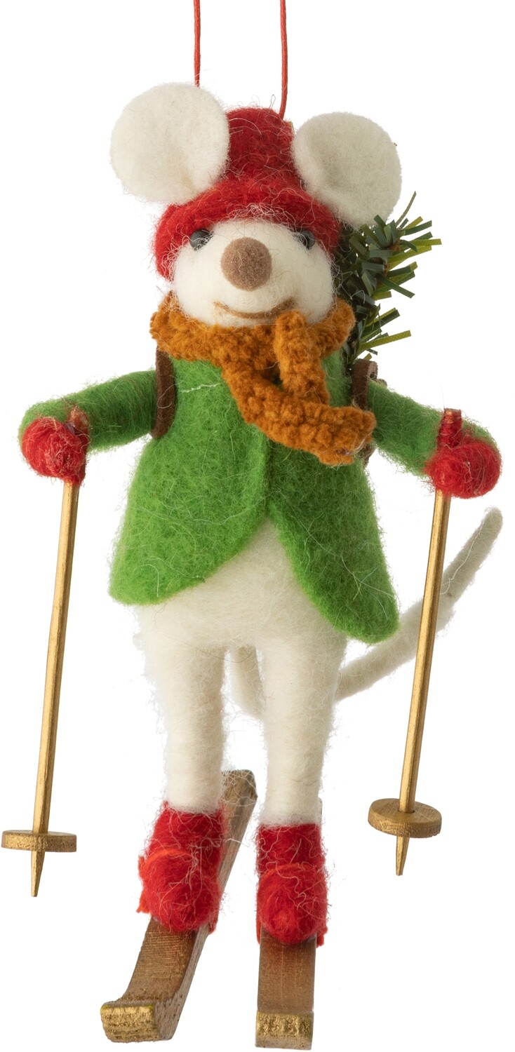 Skiing mouse with green coat, red hat/mitts/boots, felt/wood orn 5.25 in  6      