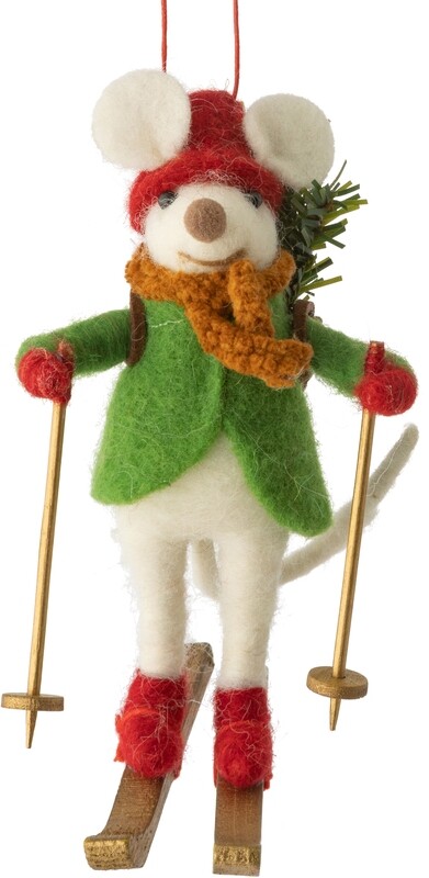 Skiing mouse with green coat, red hat/mitts/boots, felt/wood orn 5.25 in  6      